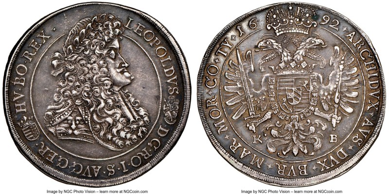 Leopold I Taler 1692-KB AU55 NGC, Kremnitz mint, KM214.3, Dav-3262. Comes with a...