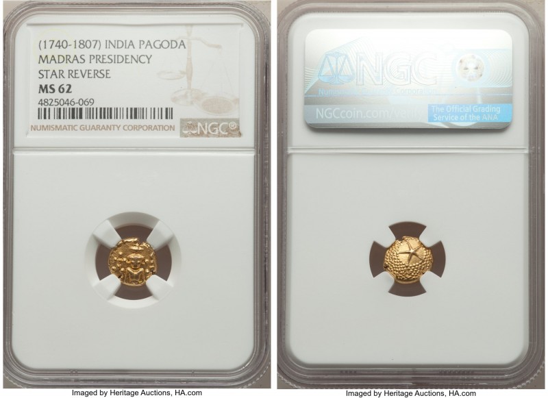 British India. Madras Presidency gold Pagoda ND (1740-1807) MS62 NGC, Fort St. G...