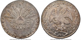 Republic 4 Reales 1844 Pi-AM AU55 NGC, San Luis Potosi mint, KM375.8. Lustrous surfaces with light light gold and argent toning. 

HID09801242017
...