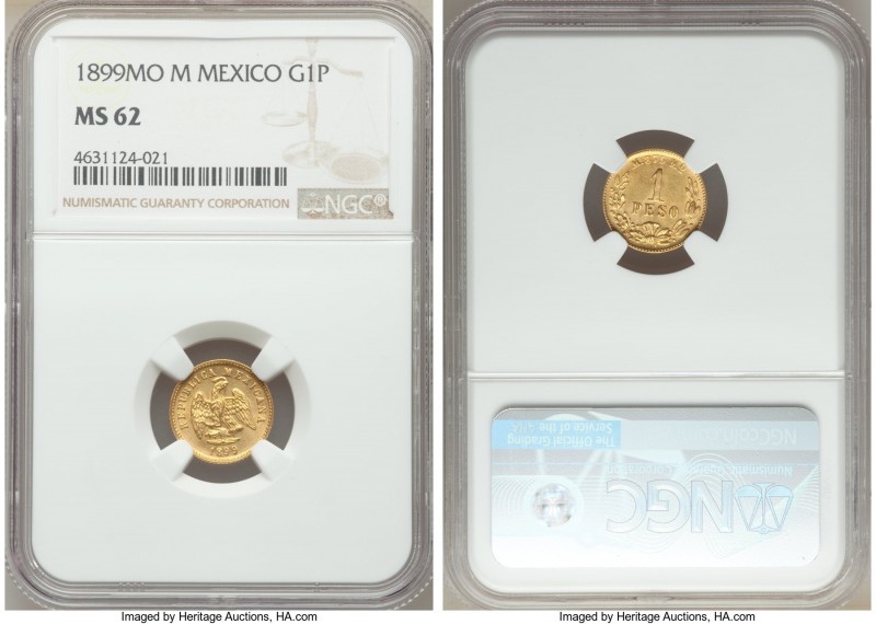 Republic gold Peso 1899 Mo-M MS62 NGC, Mexico City mint, KM410.5.

HID09801242...