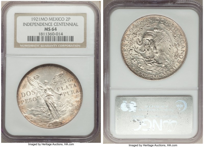 Estados Unidos 2 Pesos 1921 MS64 NGC, Mexico City mint, KM462. National arms, ea...