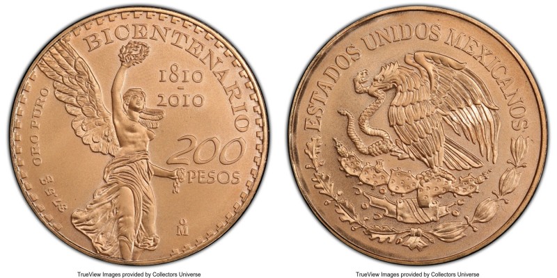 Estados Unidos gold 200 Pesos 2010-Mo MS69 PCGS, Mexico City mint, KM932. AGW 1....