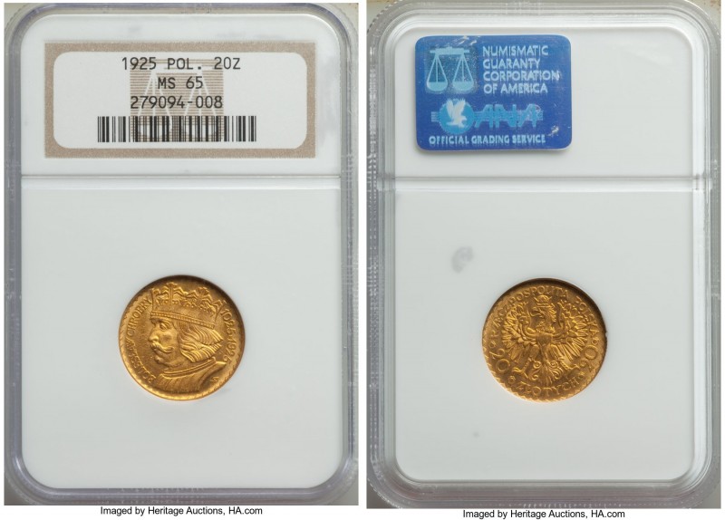 Republic gold 20 Zlotych 1925-(w) MS65 NGC, Warsaw mint, KM-Y33. One year type....