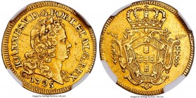 João V gold Escudo (1600 Reis) 1725 AU53 NGC, Lisbon mint, KM219.3. Some apparent signs of circulation, though nothing specifically worth mentioning o...
