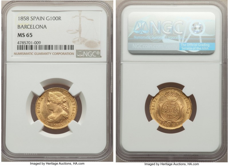 Isabel II gold 100 Reales 1858 MS65 NGC, Barcelona mint, KM605.1. AGW 0.2412 oz....