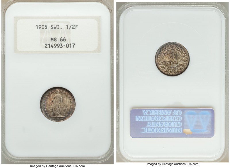 Confederation 1/2 Franc 1905-B MS66 NGC, Bern mint, KM23. 

HID09801242017

...