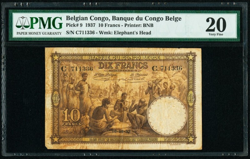 Belgian Congo Banque du Congo Belge 10 Francs 10.9.1937 Pick 9 PMG Very Fine 20....