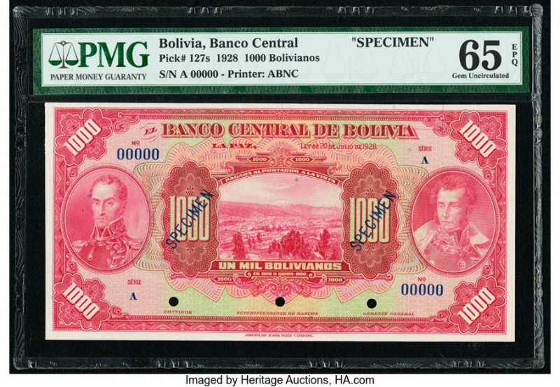 Bolivia Banco Central 1000 Bolivianos 20.7.1928 Pick 127s Specimen PMG Gem Uncir...