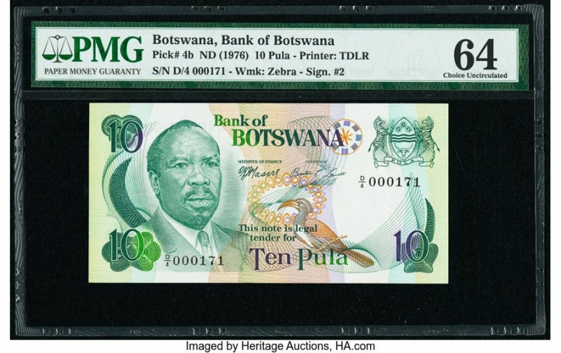 Botswana Bank of Botswana 10 Pula ND (1976) Pick 4b Low Serial Number 171 PMG Ch...