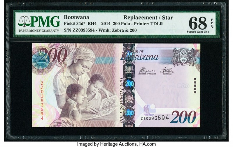 Botswana Bank of Botswana 200 Pula 2014 Pick 34d* Replacement PMG Superb Gem Unc...