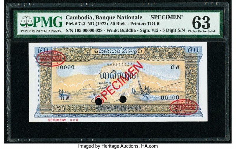 Cambodia Banque Nationale du Cambodge 50 Riels ND (1972) Pick 7s2 Specimen PMG C...