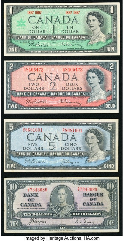 Canada Bank of Canada $10 1937 BC-24c; $2 1954 BC-38b; $5 1954 BC-39a; $1 1967 B...