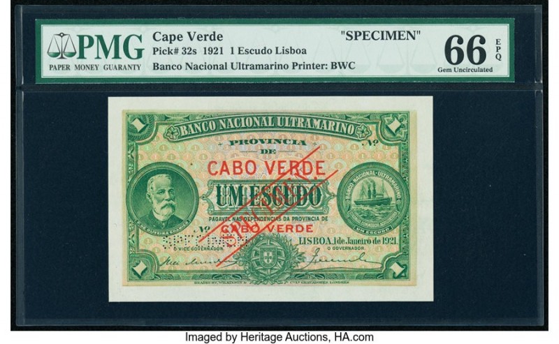 Cape Verde Banco Nacional Ultramarino 1 Escudo 1.1.1921 Pick 32s Specimen PMG Ge...
