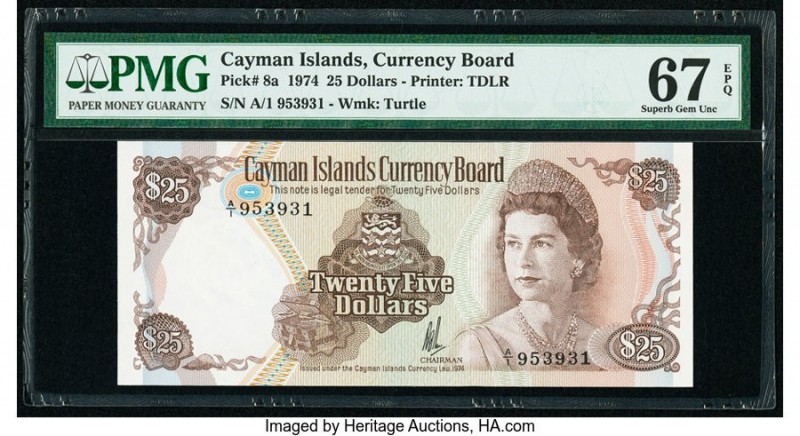 Cayman Islands Currency Board 25 Dollars 1974 (ND 1981) Pick 8a PMG Superb Gem U...