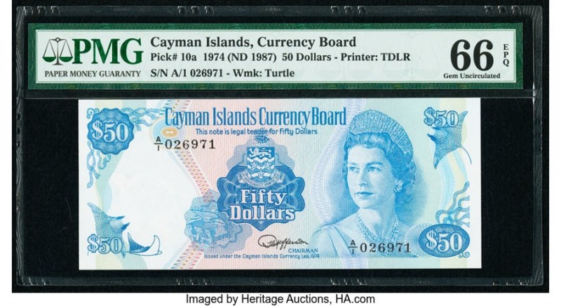 Cayman Islands Currency Board 50 Dollars 1974 (ND 1987) Pick 10a PMG Gem Uncircu...