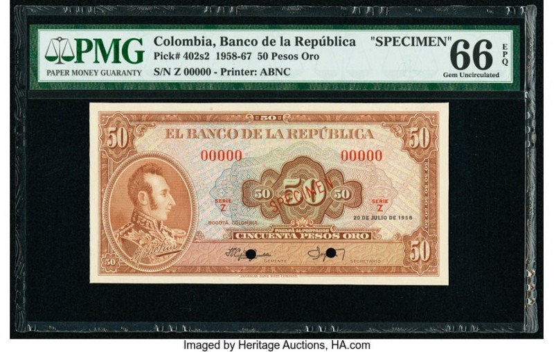 Colombia Banco de la Republica 50 Pesos Oro 20.7.1958 Pick 402s2 Specimen PMG Ge...