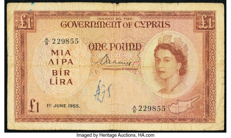 Cyprus Government of Cyprus 1 Pound 1.6.1955 Pick 35a Fine. Edge splits; graffit...