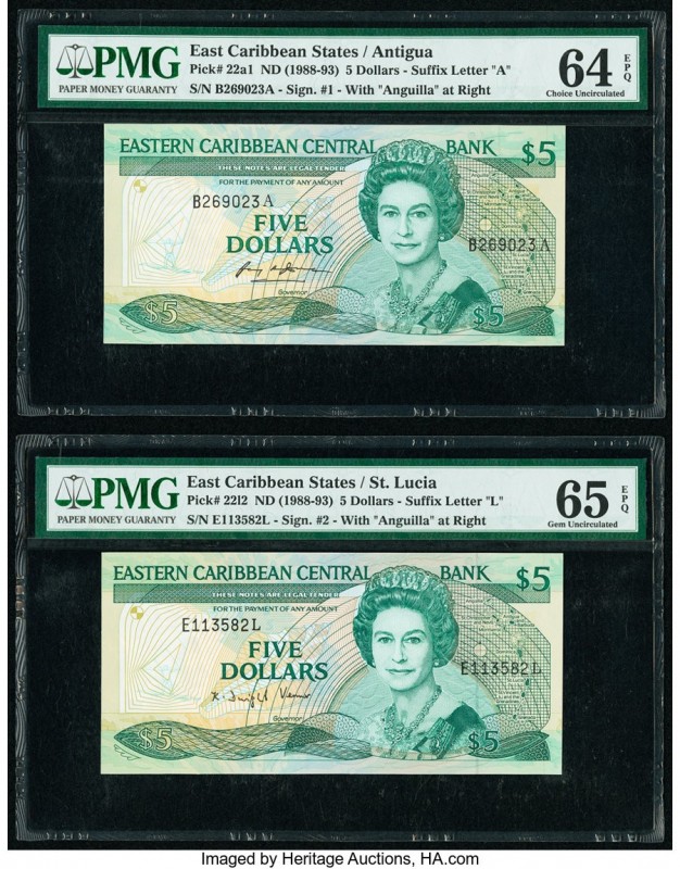 East Caribbean States Central Bank 5 Dollars ND (1988-93) Pick 22l2; 22a1 Two Ex...