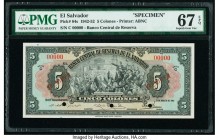 El Salvador Banco Central de Reserva de El Salvador 5 Colones 11.8.1942 Pick 84s Specimen PMG Superb Gem Unc 67 EPQ. Three POCs; red Specimen overprin...
