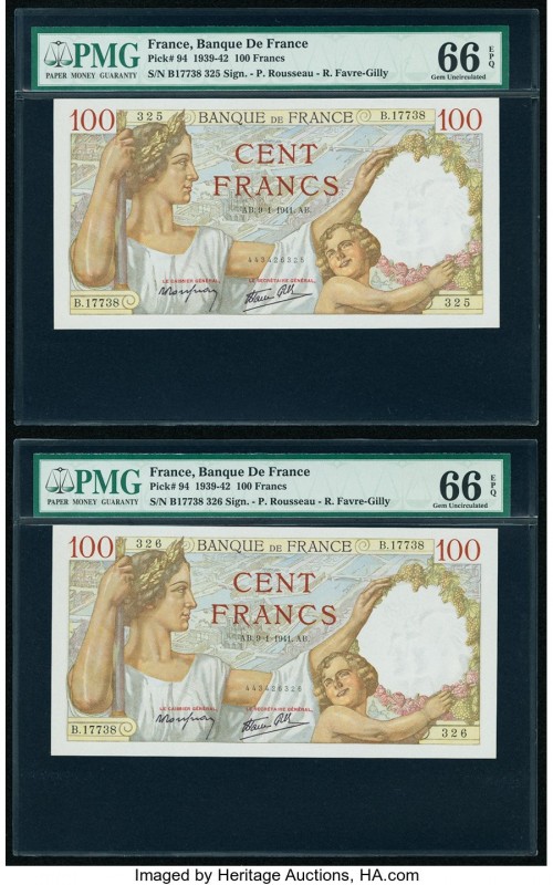 France Banque de France 100 Francs 9.1.1941 Pick 94 Two Consecutive Examples PMG...