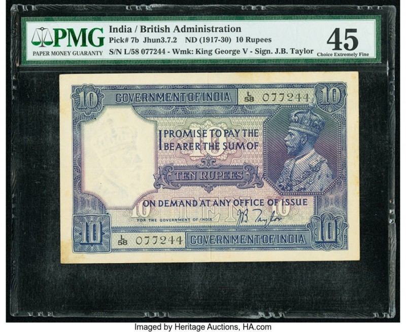 India Government of India 10 Rupees ND (1917-30) Pick 7b Jhun3.7.2 PMG Choice Ex...
