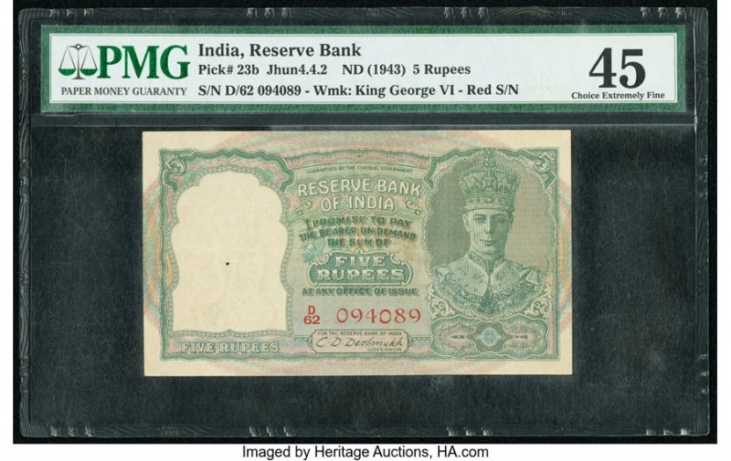 India Reserve Bank of India 5 Rupees ND (1943) Pick 23b Jhun4.4.2 PMG Choice Ext...