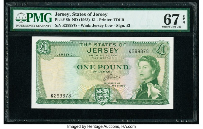 Jersey States of Jersey 1 Pound ND (1963) Pick 8b PMG Superb Gem Unc 67 EPQ. 

H...