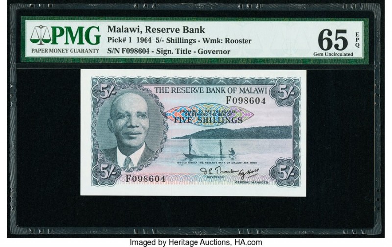 Malawi Reserve Bank of Malawi 5 Shillings 1964 Pick 1 PMG Gem Uncirculated 65 EP...