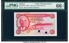 Malawi Reserve Bank of Malawi 1 Kwacha 1964 Pick 6cts Color Trial Specimen PMG Gem Uncirculated 66 EPQ. Two POCs.

HID09801242017

© 2020 Heritage Auc...