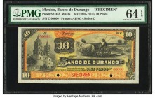 Mexico Banco de Durango 10 Pesos ND (1891-1914) Pick S274s3 M333s Specimen PMG Choice Uncirculated 64 EPQ. Two POCs; red Specimen overprint.

HID09801...
