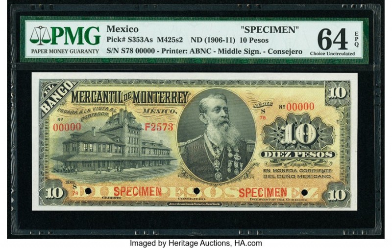 Mexico Banco Mercantil de Monterrey 10 Pesos ND (1906-11) Pick S353As M425s2 Spe...