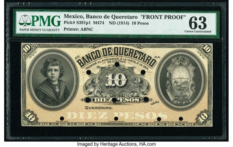 Mexico Banco de Queretaro 10 Pesos ND (1914) Pick S391p1 M474 Front Proof PMG Ch...