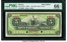 Mexico Banco Mercantil De Veracruz 5 Pesos ND (1898-1910) Pick S437s M528s Specimen PMG Gem Uncirculated 66 EPQ. Two POCs; red Specimen overprints.

H...