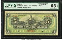 Mexico Banco Mercantil De Veracruz 5 Pesos ND (1898-1910) Pick S437s M528s Specimen PMG Gem Uncirculated 65 EPQ. Two POCs; red Specimen overprint.

HI...