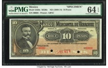 Mexico Banco Mercantil De Veracruz 10 Pesos ND (1900-14) Pick S439s M530s Specimen PMG Choice Uncirculated 64 EPQ. Two POCs; red Specimen overprint.

...