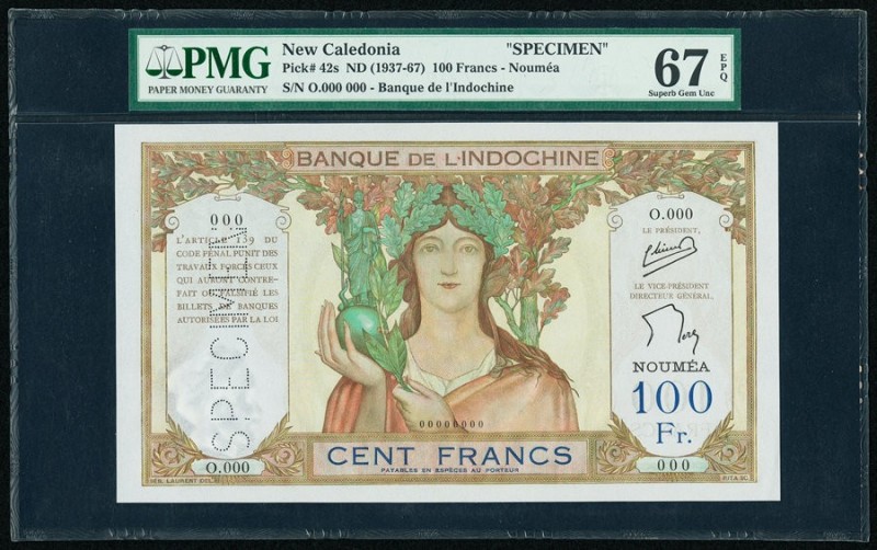 New Caledonia Banque de l'Indochine 100 Francs ND (1937-67) Pick 42s Specimen PM...