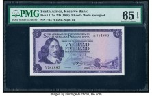 South Africa South African Reserve Bank 5 Rand ND (1966) Pick 112a PMG Gem Uncirculated 65 EPQ. The difficult Rissik signature is noticed.

HID0980124...