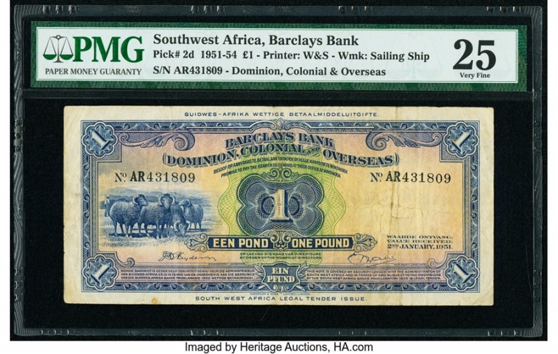 Southwest Africa Barclays Bank D.C.O. 1 Pound 2.1.1951 Pick 2d PMG Very Fine 25....