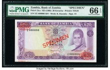 Zambia Bank of Zambia 20 Kwacha ND (1969) Pick 13cs Specimen PMG Gem Uncirculated 66 EPQ. Red Specimen and TDLR overprints.

HID09801242017

© 2020 He...