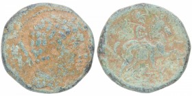 218-12 aC. Cese (Tarragona). As. AB 2272. V. XXXI, 1. Ve. 9,89 g. Cabeza masculina a derecha, detras timón /Jinete con palma a derecha, debajo leyenda...