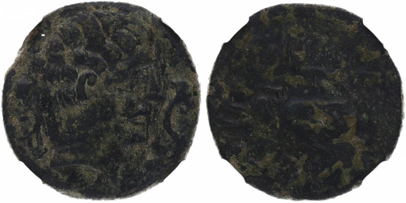 Siglo II aC. Secaisa . As. Vill-44. Ae. Cabeza masculina a derecha entre dos del...