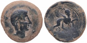 195 aC. Cástulo. As, serie pesada. AB 697. Ae. 26,44 g. Cabeza masculina a derecha /Esfinge a derecha con estrella y letra ibérica. BC+. Est.110.