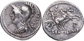 100 aC. Familia Servilia. Norte de Italia. Denario. FFC 1118. Ag. 4,02 g. MBC+. Est.110.