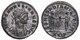 272-273 dC. Aureliano. Antioquía. Antoniniano. RIC 386. Ae.  IMP C AURELIANUS AUG irradiado, busto con corsé a la derecha / RESTITUT ORBIS Victoria de...