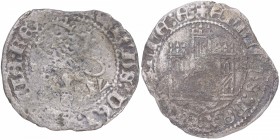 1390-1406. Enrique III (1390-1406). Burgos. Cinquén. Mar 774.4. Ve. 1,04 g. V detrás del león. BC+ / MBC-. Est.30.