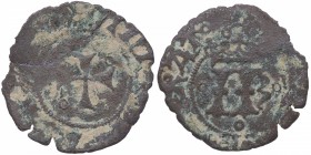 1483-1512 dC. Navarra. Juan II de Albret y Catalina de Foix. Cornado. Cy 2218. Cu-Ni. 0,57 g. RARA. BC+. Est.50.