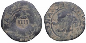 Reyes Católicos (1469-1504). 2 Maravedís. Ve. 3,53 g. Resello de 4 Maravedís de Felipe IV en Sevilla. BC+. Est.8.