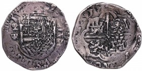 1597. Felipe II (1556-1598). Segovia. 2 Reales. Lesmes Fernandez del Moral (Árbol). A3-1-2. Ag. 6,26 g. TIPO OMNIVM. Muy rara. MBC-. Est.450.