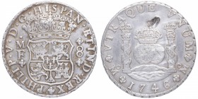 1746. Felipe V (1700-1746). México. 8 Reales. MF. Cy-9464. Ag. 26,85 g. Golpe en anverso. MBC+. Est.150.
