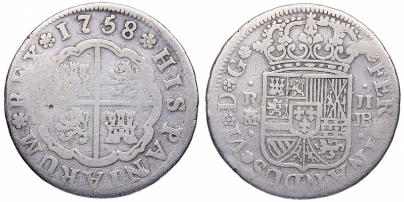 1758. Fernando VI (1746-1759). Madrid. 2 Reales. Ag. 5,39 g. BC. Est.28.